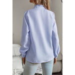Frenchy Striped Print Ruffle Trim Button Front Shirt- Blue