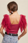 Tiered Ruffle Sleeve Top with Square Neck in Deep Rose