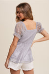 Polka Dot Mesh Puff Sleeve Baby Doll Blouse-Dusty Blue