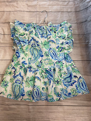 Blue & Green Print V- Neck Tiered Top