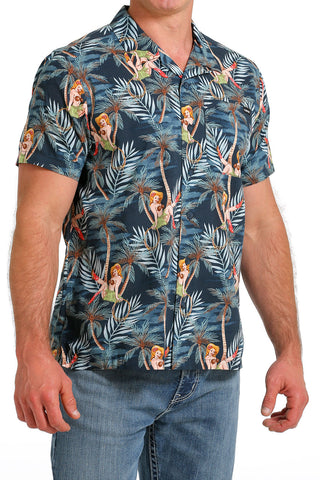 Cinch Men's Navy Tropical Pin-Up Aloha Camp Shirt