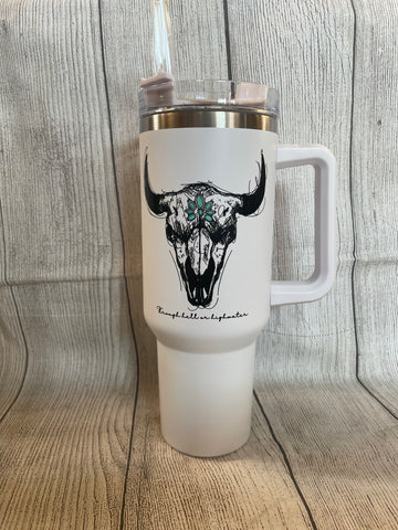 White Steer Head With Turquoise Tumbler 40 Oz