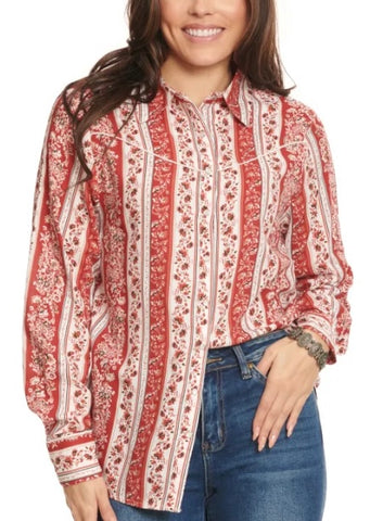 Rusty Red & Cream Floral Wallpaper Print Women's Shirt