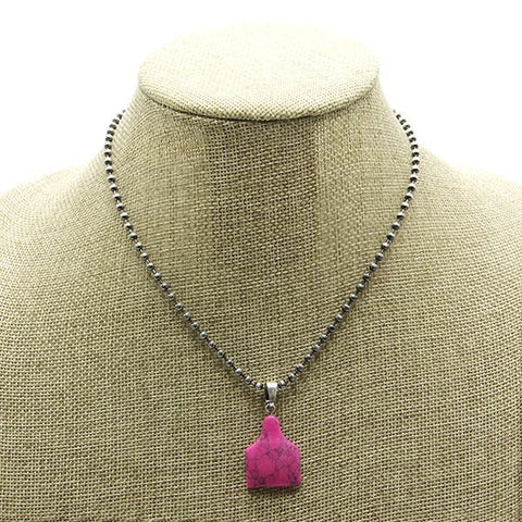 Semi Stone Cattle Tag Necklace-Pink