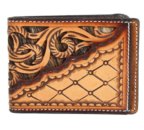 Tan Tooled Calf Hair Underlay Bifold Wallet