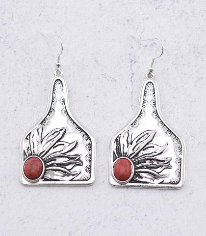 Sunflower Cattle Tag Dangle Earrings with Stone-Red