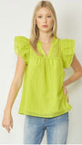 Chartreuse Grid V-Neck Ruffle Sleeve Top