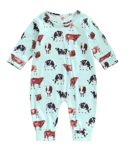 Full Zip Romper Mint Cow