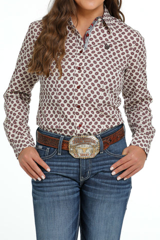 Cinch Women’s Cream & Burgundy Geo Print Shirt