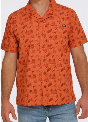 Cinch Orange Fishing Print Camp Shirt