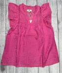 Dark Pink Grid V-Neck Ruffle Sleeve Top