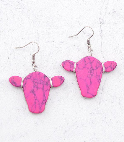 Semi Stone Cow Head Earrings-Pink