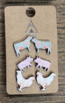 Floral Steer Pig Chicken  Wooden Earrings