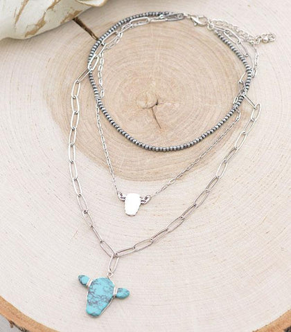 Western Cow Pendant Layered Necklace-Turquoise