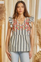 Embroidered Striped Babydoll Top