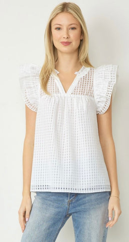 Off White Grid V-Neck Ruffle Sleeve Top