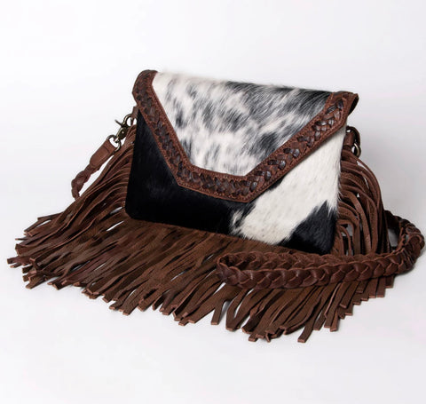American Darling Hair on Hide Fringe Bag with Woven Leather Strap