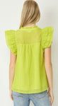 Chartreuse Grid V-Neck Ruffle Sleeve Top