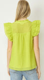 Chartreuse Grid V-Neck Ruffle Sleeve Top