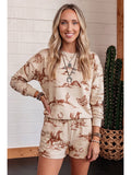 Western Print Loose Fit Long Sleeve Top Short Set