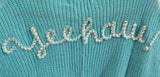 Turquoise Knit Sweater Boot-Stitch Pocket Edge Thread Top