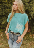Turquoise Knit Sweater Boot-Stitch Pocket Edge Thread Top