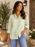 Green Women's Relaxed Fit Vertical Striped Button Down