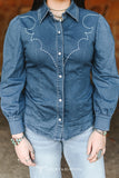 Mid Wash Denim Stretch Contrast Embroidered Puff Sleeve Shirt