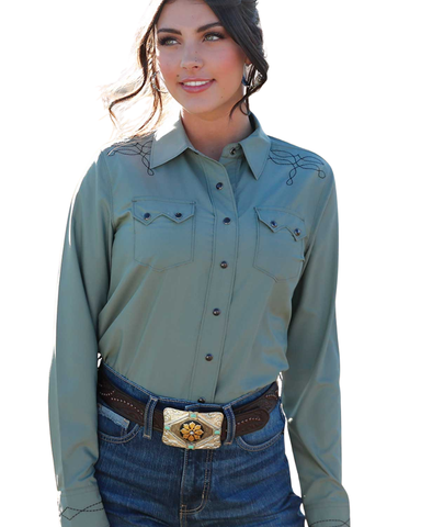 Cruel Women's Green Boot Stitch Embroidered Snap Shirt