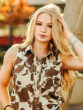 Cowhide Print Denim Button Down Sleeveless Shirt