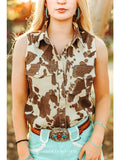 Cowhide Print Denim Button Down Sleeveless Shirt