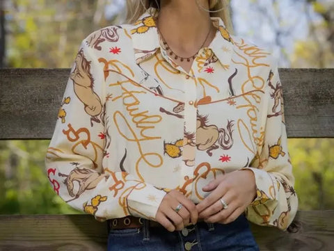 Western Howdy Print Shirt- Cream