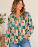 Sky Blue Floral Collared V Neck Roll up Sleeve Shift Blouse