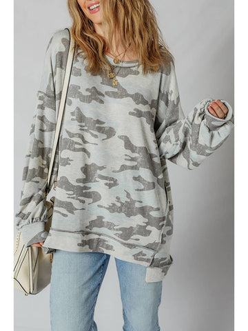 Retro Camouflage Print Exposed Seam Patchwork Sweatshirt