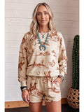 Western Print Loose Fit Long Sleeve Top Short Set