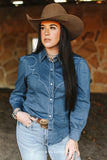 Mid Wash Denim Stretch Contrast Embroidered Puff Sleeve Shirt
