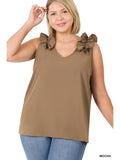 Woven Wool Dobby Ruffle Sleeveless Mocha Top