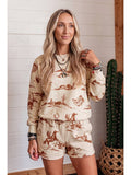 Western Print Loose Fit Long Sleeve Top Short Set