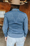 Mid Wash Denim Stretch Contrast Embroidered Puff Sleeve Shirt
