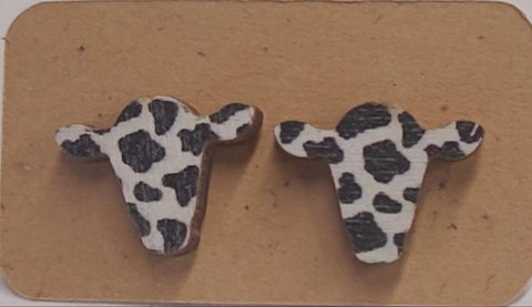 Spotted Wood Cow Head Earrings