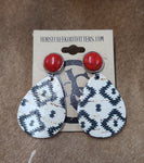 Red Post with White & Black Aztec Print Teardrop Dangle Leather Earrings