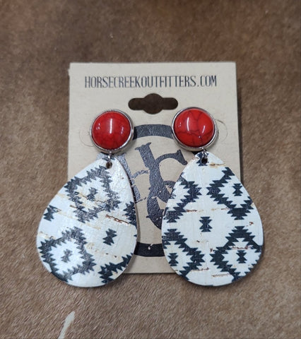 Red Post with White & Black Aztec Print Teardrop Dangle Leather Earrings
