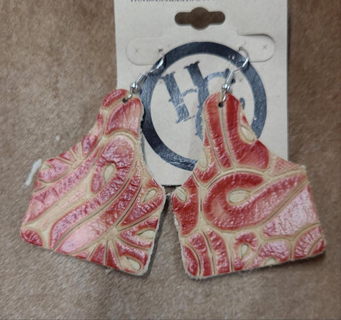Red and Tan Tooled Eartag Earrings
