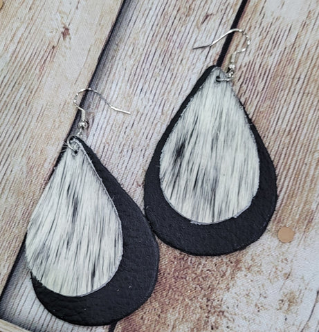 Black Cowhide Teardrop Dangle Leather Earring