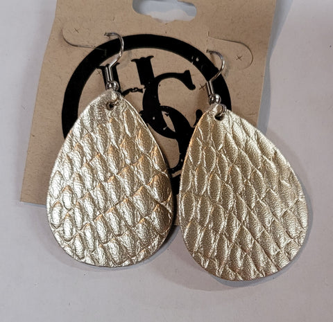 Small Gold Embossed Teardrop Dangle Leather Earrings