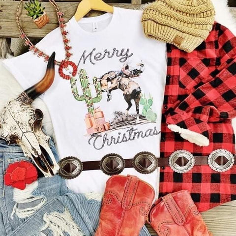 Tan Bucking Horse Christmas Tee