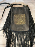 Black Hair-On Hide with Gold Embossing & Black Fringe Crossbody Purse