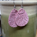 Small Pink Teardrop Tooled Dangle Leather Earring
