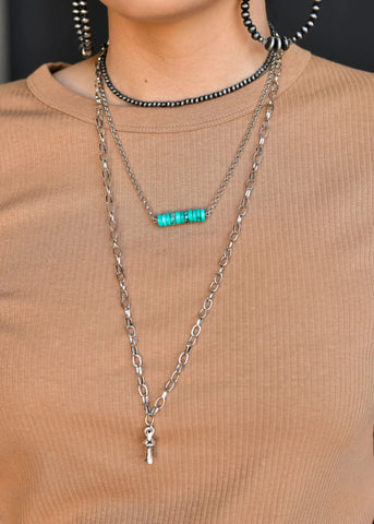 Silver Layered Necklace w/ Faux Navajo Pearls & Blossom