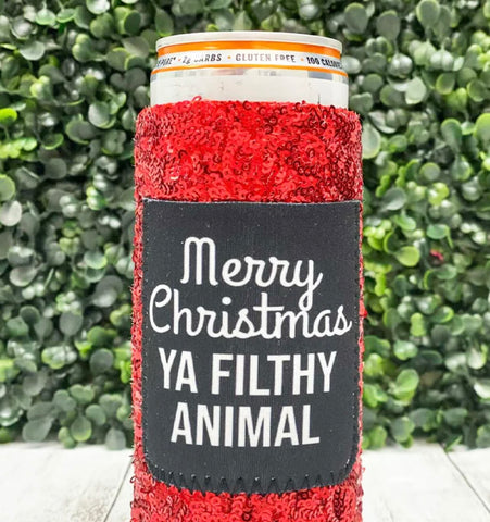 Merry Christmas Ya Filthy Animal Sequin Slim Can Cooler